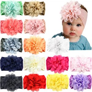 15 Pack Baby Nylon Headbands Hairbands Hair Wraps Big Chiffon Flower Elastics for Baby Girls Newborn Infant Toddlers Kids