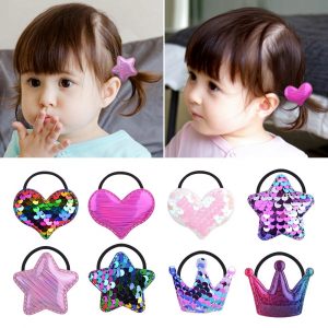 21pcs/ lot Rainbow Solid Sequins Hair Band For Baby Girls Star Heart Crown Elastic Rope Ponytail Holder Headband Hair Accessorie