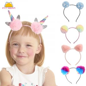 Easter Day Cute Baby Solid Pom Cat Ears Hair Bands Candy Color Fluffy Pompom For Girls Kids Unicorn Headband Headwear Accessorie