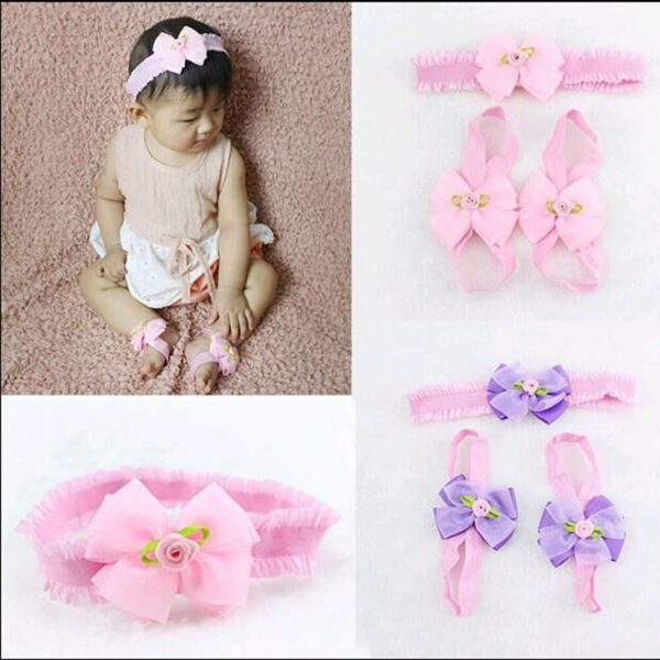 New Infant Toddler Bowknot Headband Baby Butterfly Barefoot Sandal Shoes Child Diy Foot Photo Props Accessories Birthday Gifts