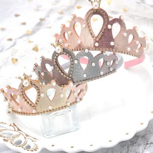 Princess Girls Crown Glitter Hair Hoop Children Headwear Party Sweet Rhinestone Pearl Headband Solid Color Handmade Accessories